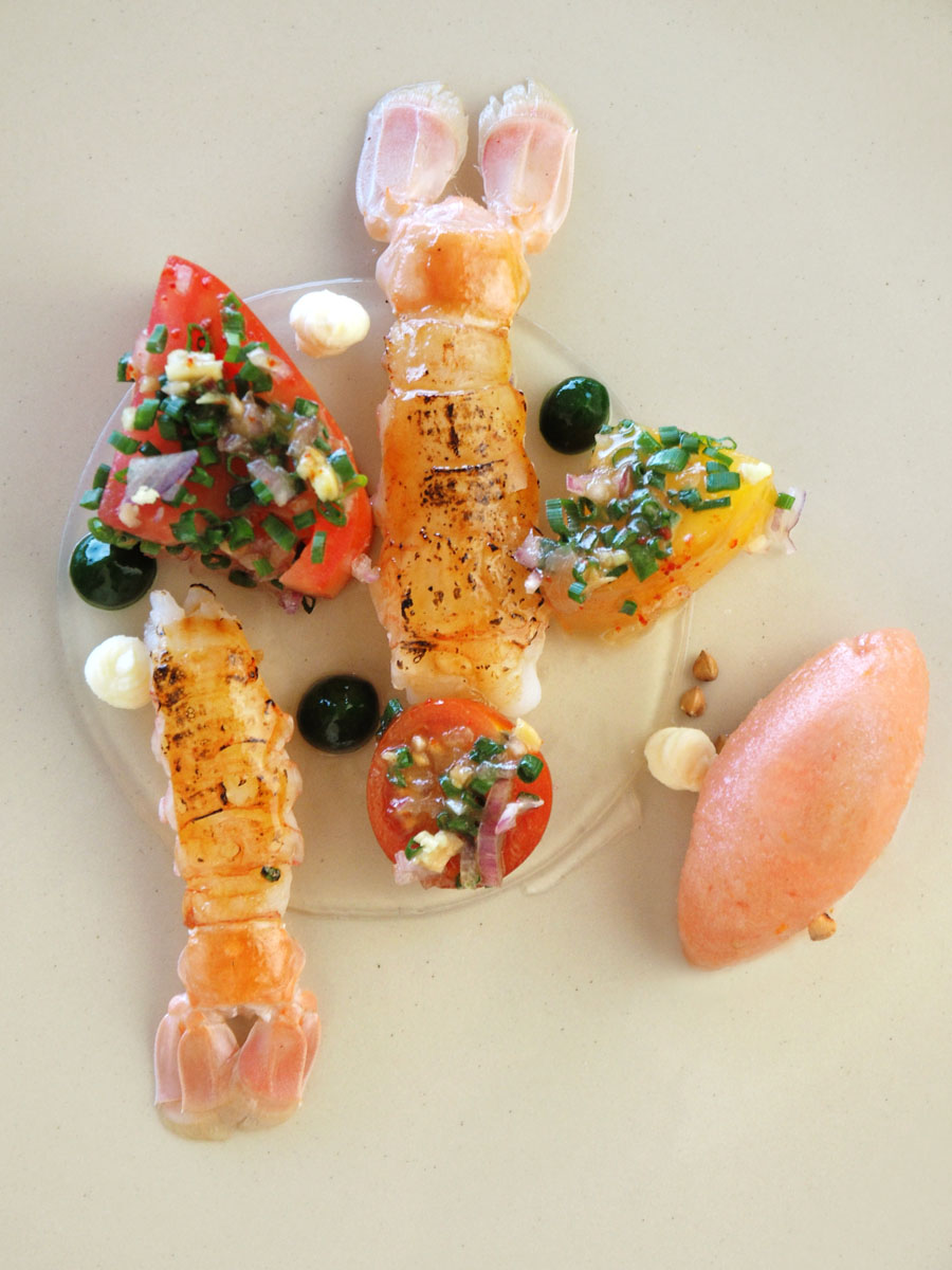 Demoiselles cuites à la flamme | déclinaison de tomates, basilic et sorbet tomate s langoustines La Dune du Château de Sable